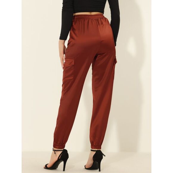 Satin Joggers Drawstring Elastic High Waist Silky Cargo Pants Brown - Picture 4 of 5